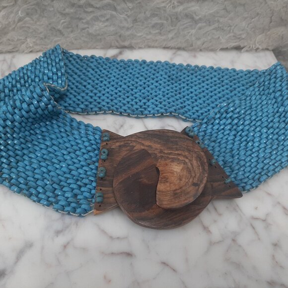 Vintage Boho Turquoise Blue Soft Surroundings Stretch Wooden Beaded Belt - Picture 4 of 7